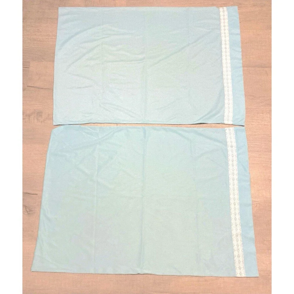 VTG Silky Polyester Lace Trim Pillowcases Set Of 2 Aqua Glam Style Handmade